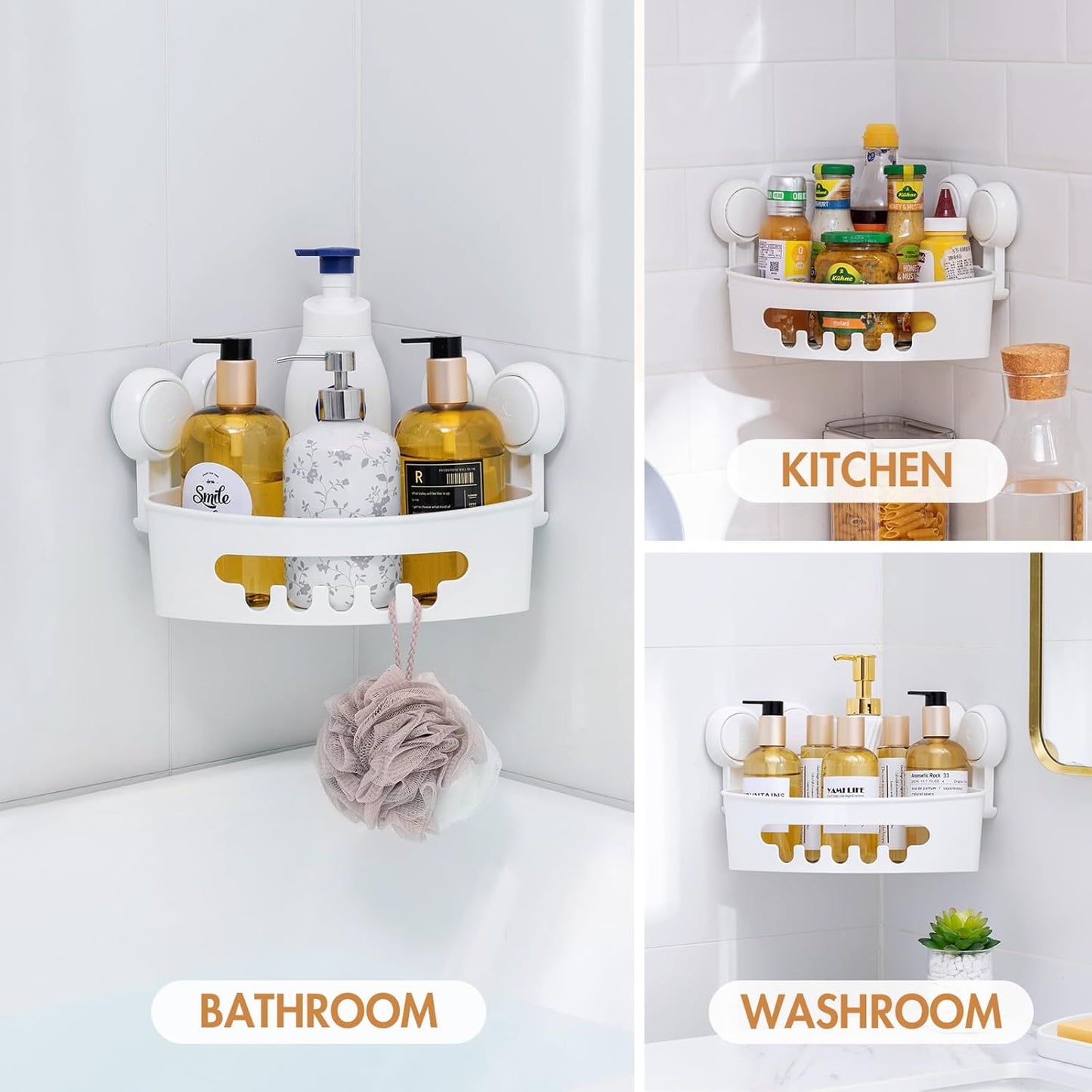 LEVERLOC Suction Cup Corner Shower Caddy Basket, Powerful Suction, Waterproof & Rustproof, No-Drilling Removable