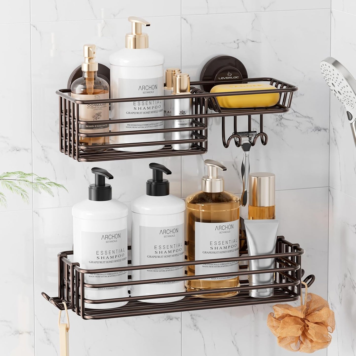 LEVERLOC Vacuum Suction Series 2-Pack Shower Caddy, Rustproof Bathroom Organizer Storage with Soap Holder & Hooks