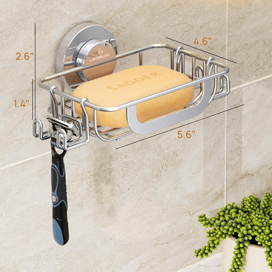 LEVERLOC Suction Cup Series Soap Holder with Hooks, Rustproof Stainless Steel Shower Soap Dish & Sponge Caddy