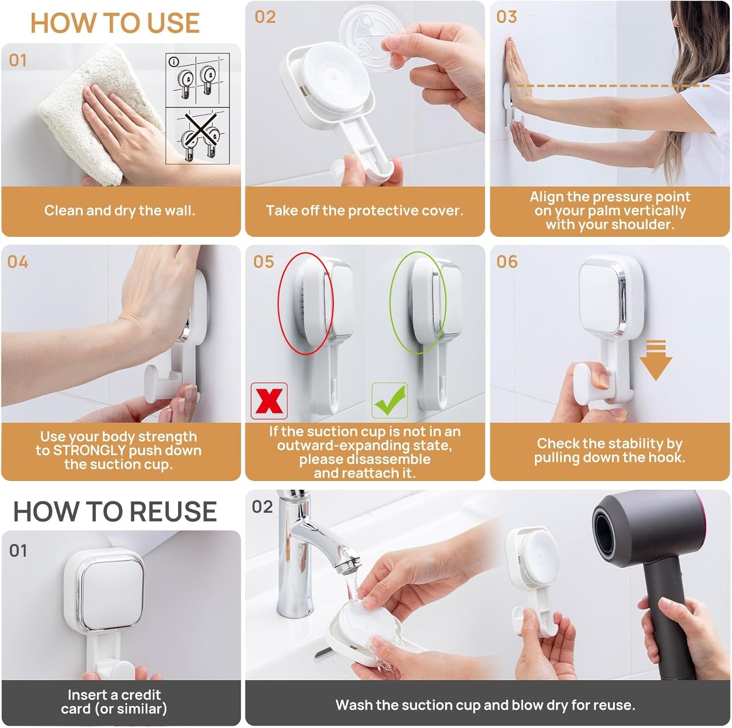 LEVERLOC Suction Cup Series Shower Hooks (4 Pack), Powerful Vacuum Towel & Loofah Holders, Damage Free