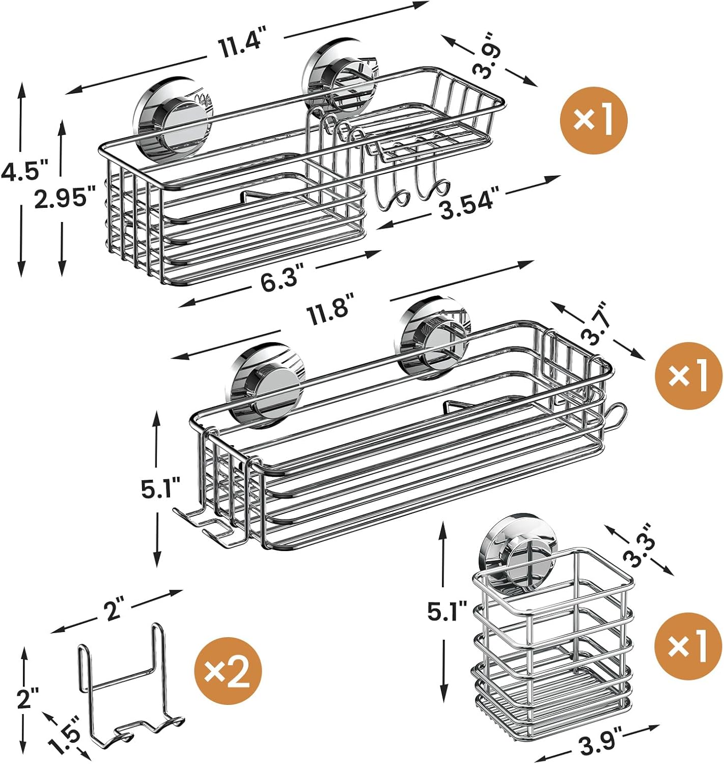 LEVERLOC Vacuum Suction Series 3-Pack Shower Caddy, Rustproof Bathroom Organizer Storage with Soap Holder & Hooks