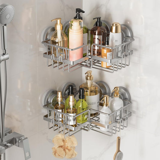 LEVERLOC Vacuum Suction Series 2-Pack Corner Shower Shelf, Stainless Steel Rustproof Bathroom Organizer, Drill-Free