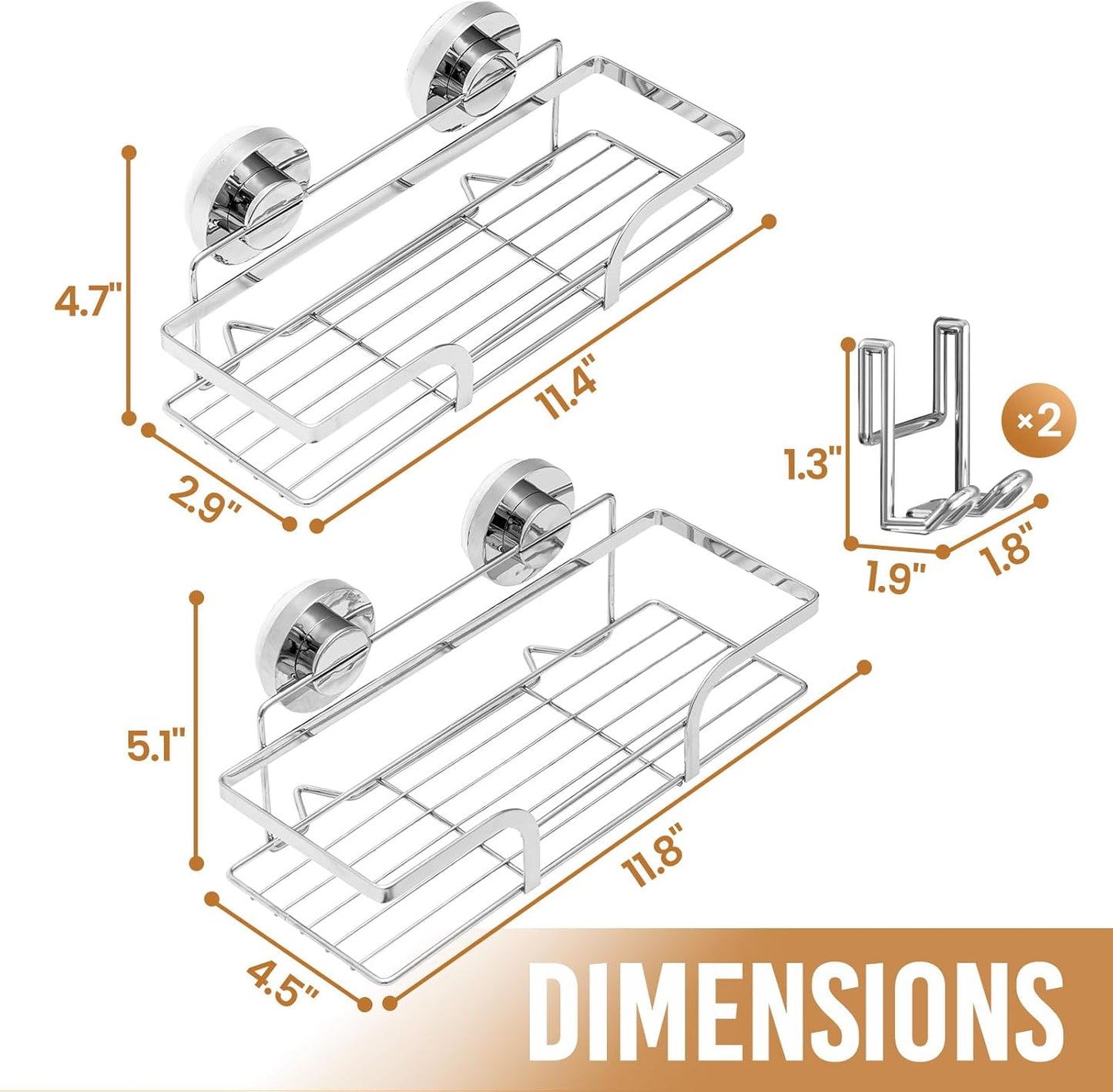 LEVERLOC Vacuum Suction Series 2-Pack Shower Shelf, Heavy Duty Bathroom Organizer & Storage Basket, Rustproof