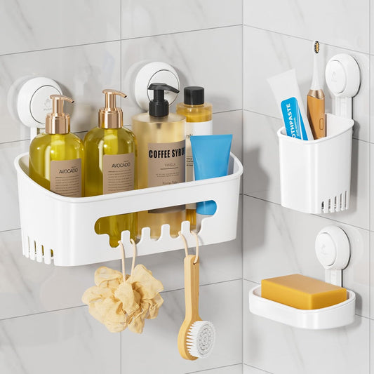 LEVERLOC Suction Cup Series 3-Piece Shower Caddy Set (Shower Organizer, Soap Holder & Toothbrush Holder) - No-Drilling Removable Waterproof Bathroom Shelf Basket