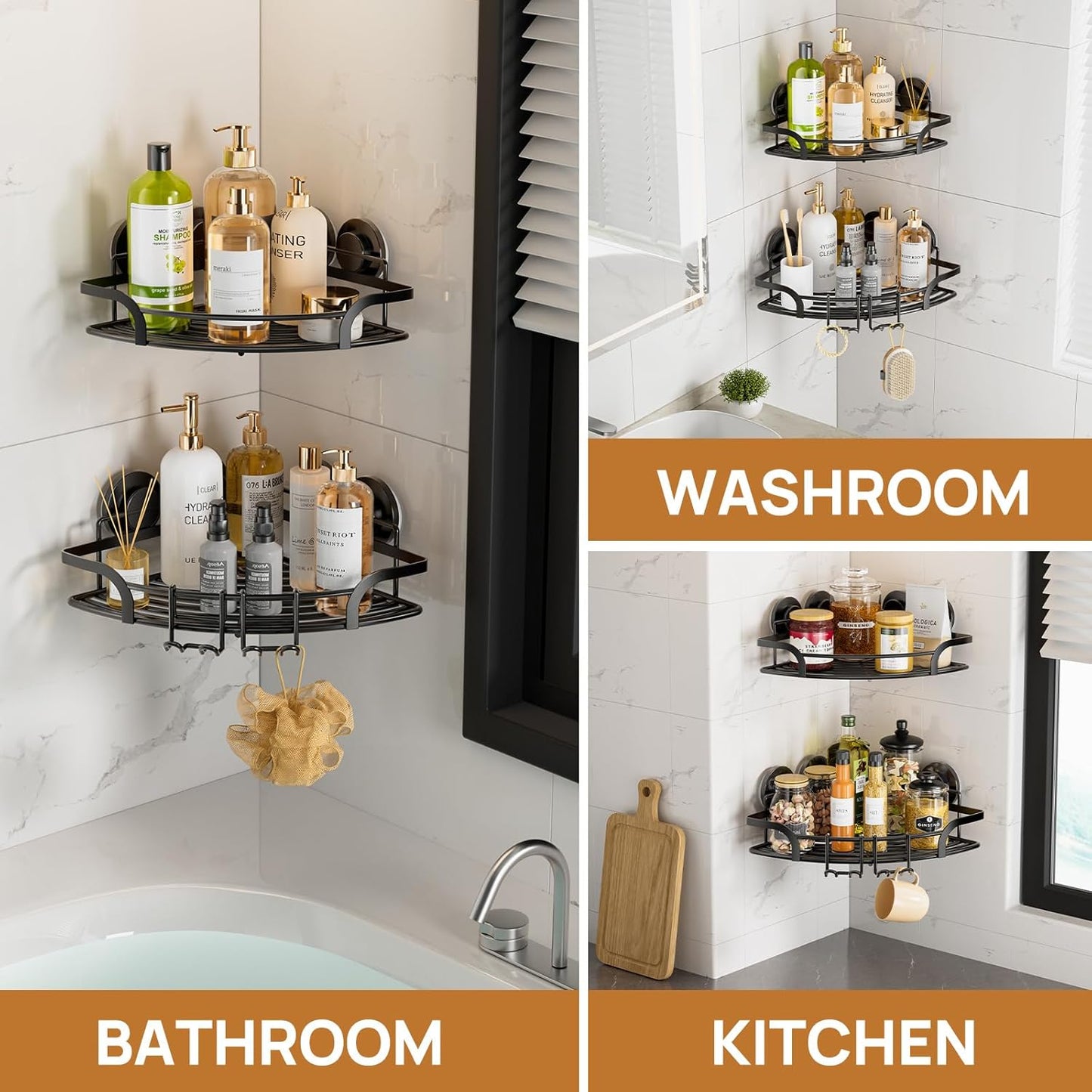 LEVERLOC Vacuum Suction Series 2-Pack Corner Shower Shelf, Stainless Steel Rustproof Bathroom Organizer, Drill-Free