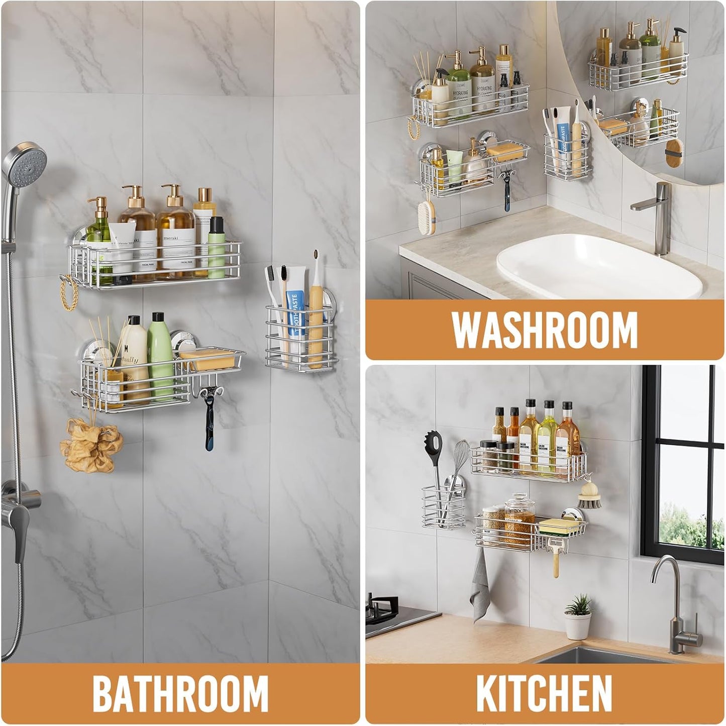 LEVERLOC Vacuum Suction Series 3-Pack Shower Caddy, Rustproof Bathroom Organizer Storage with Soap Holder & Hooks
