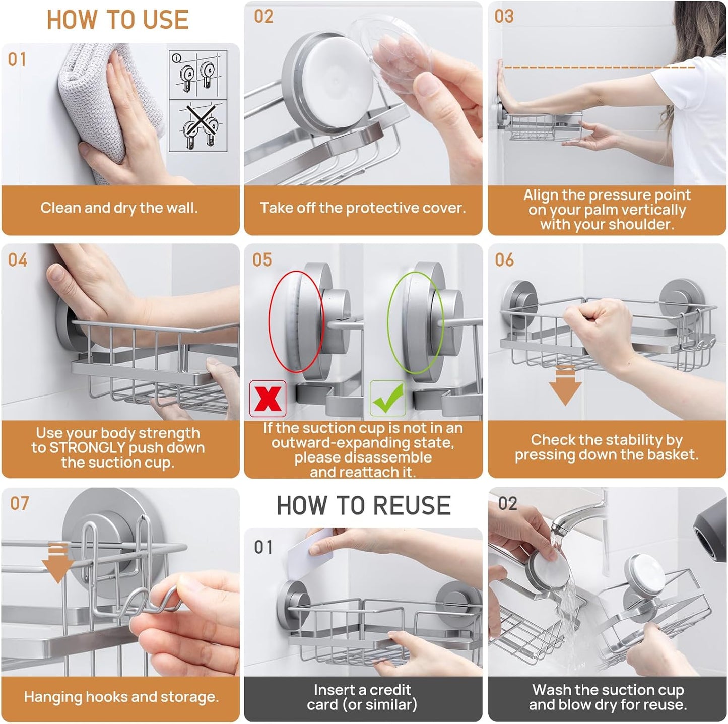 LEVERLOC Vacuum Suction Series 2-Pack Corner Shower Shelf, Stainless Steel Rustproof Bathroom Organizer, Drill-Free