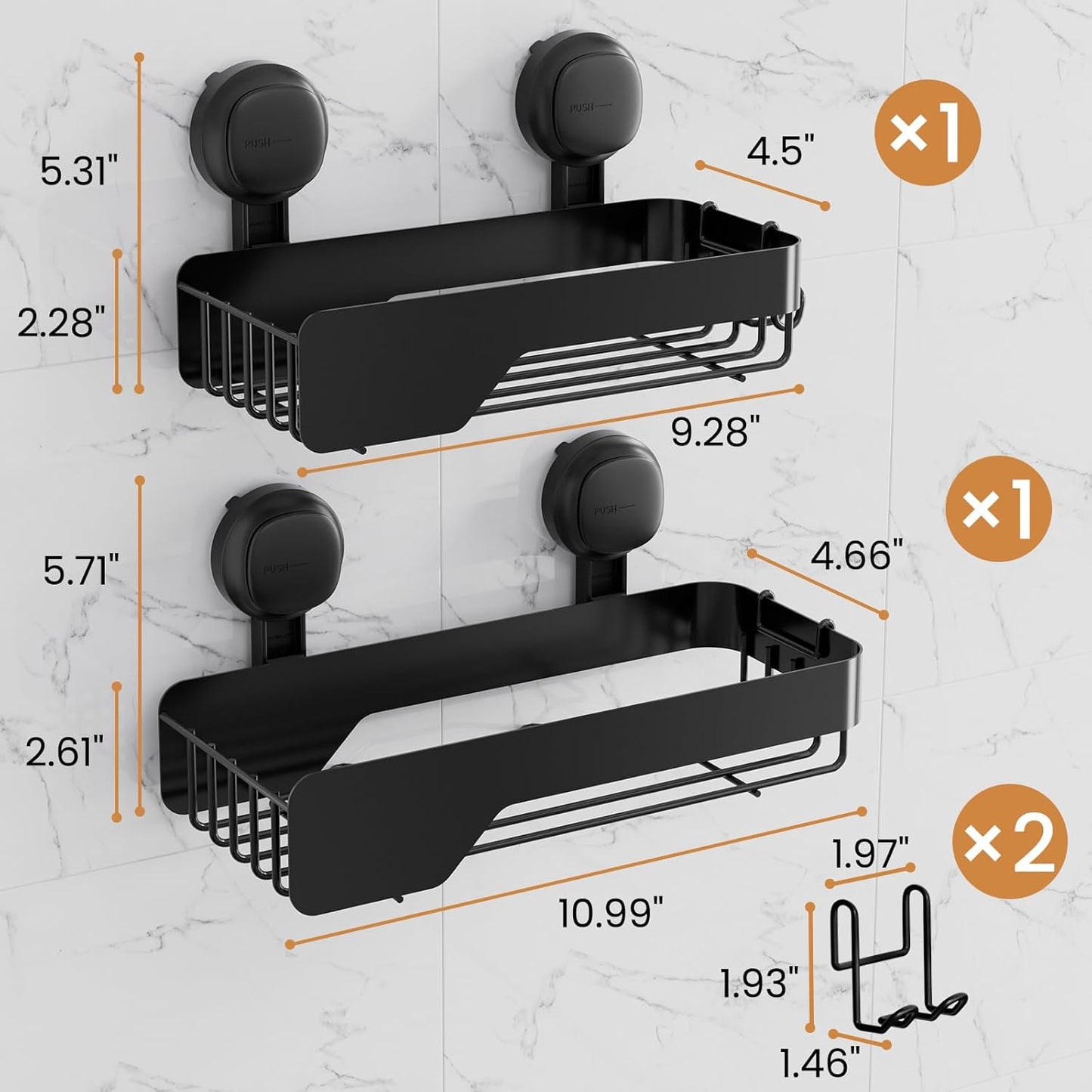 LEVERLOC Vacuum Suction Series 2-Pack Corner Shower Shelf, Stainless Steel Rustproof Bathroom Organizer, Drill-Free