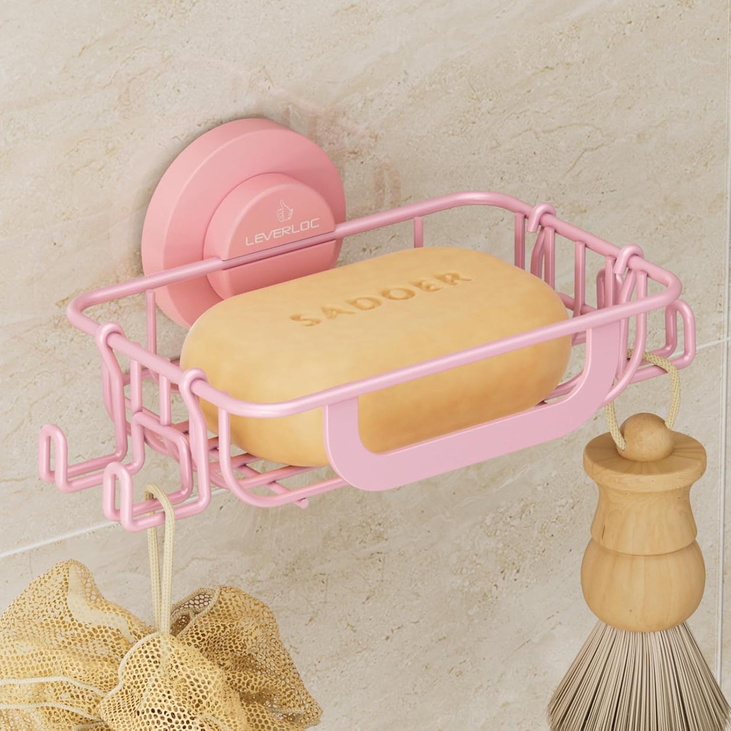 LEVERLOC Suction Cup Series Soap Holder with Hooks, Rustproof Stainless Steel Shower Soap Dish & Sponge Caddy