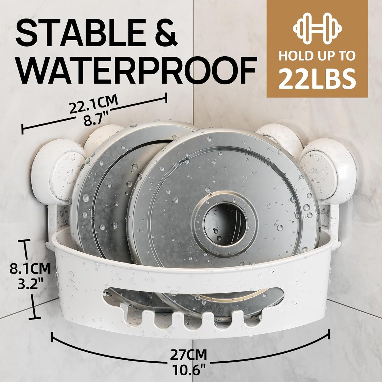LEVERLOC Suction Cup Corner Shower Caddy Basket, Powerful Suction, Waterproof & Rustproof, No-Drilling Removable