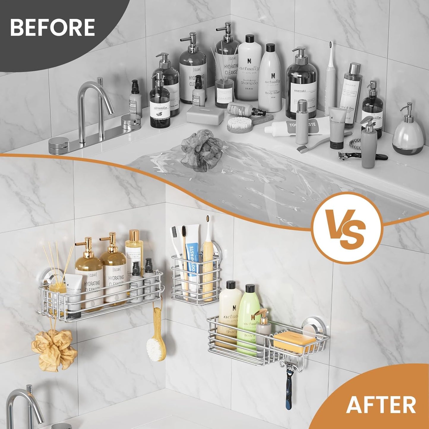 LEVERLOC Vacuum Suction Series 3-Pack Shower Caddy, Rustproof Bathroom Organizer Storage with Soap Holder & Hooks