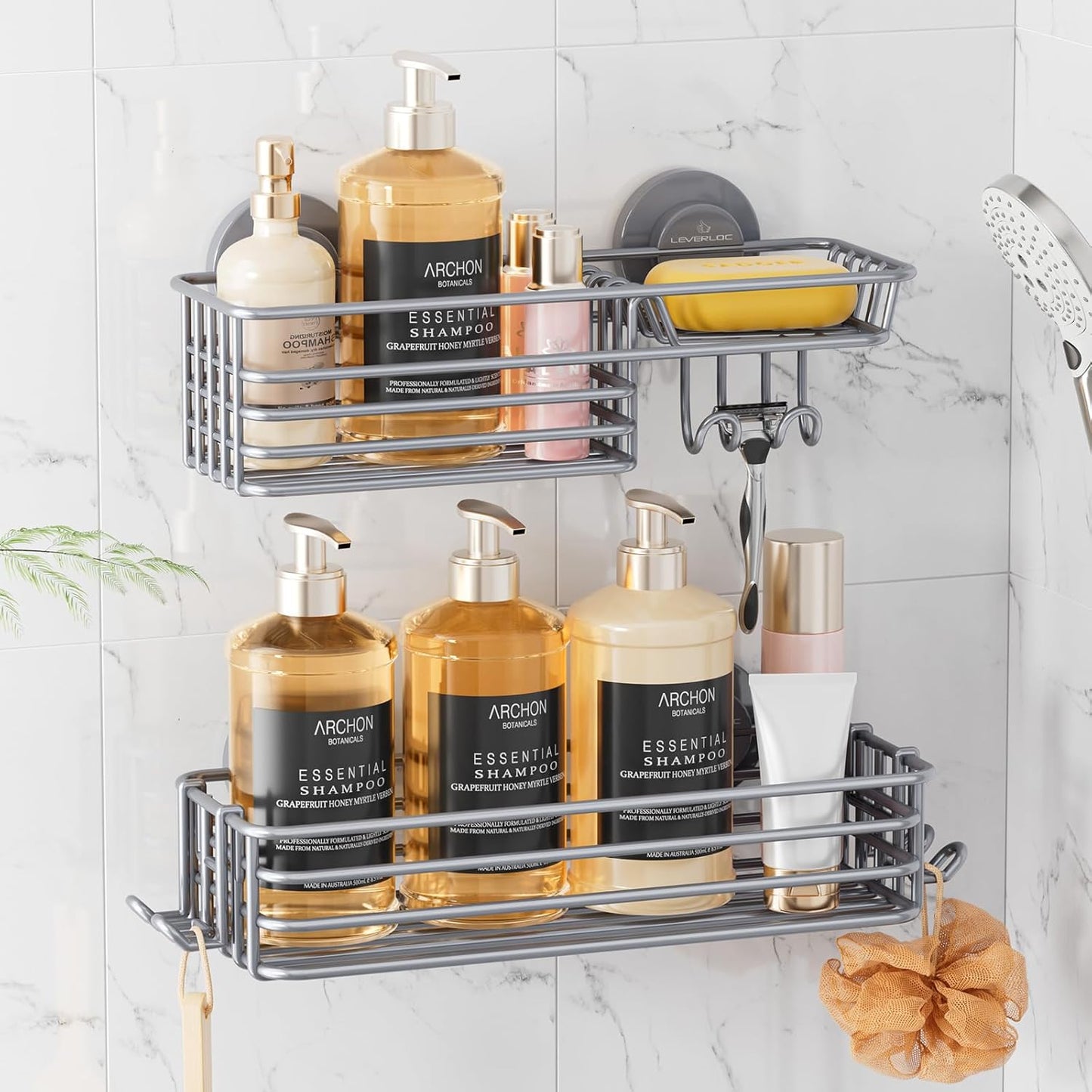 LEVERLOC Vacuum Suction Series 2-Pack Shower Caddy, Rustproof Bathroom Organizer Storage with Soap Holder & Hooks
