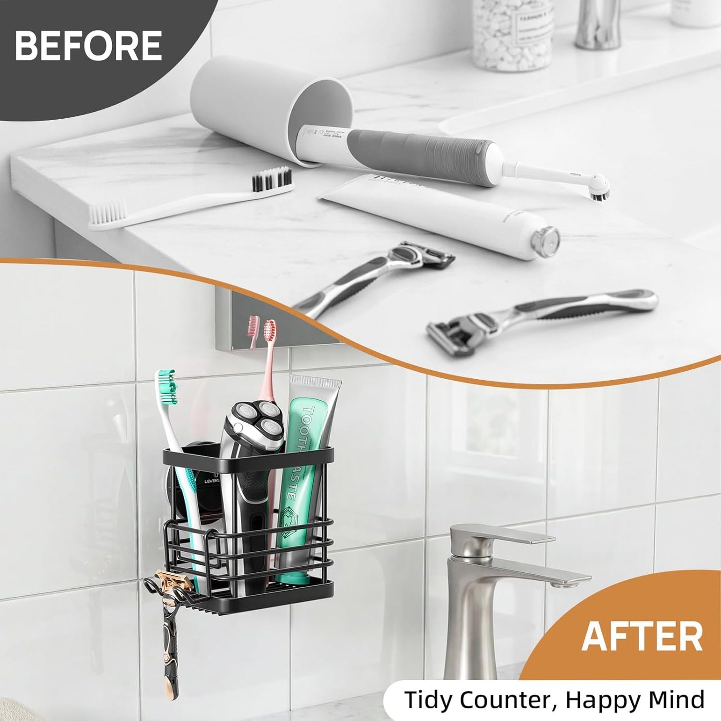 LEVERLOC Suction Cup Series Toothbrush Holder, Stainless Steel Anti-Puddling Shower Toothpaste & Razor Organizer, No Drilling