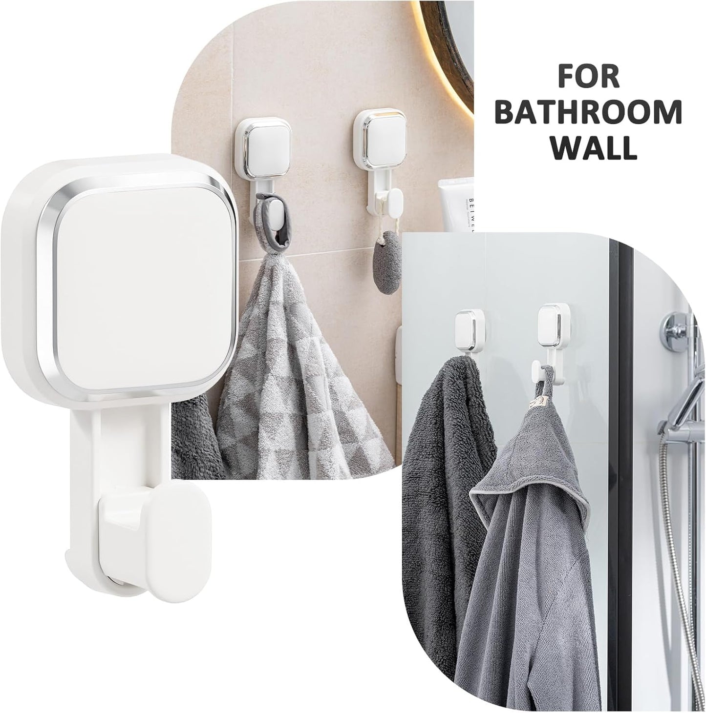 LEVERLOC Suction Cup Series Shower Hooks (4 Pack), Powerful Vacuum Towel & Loofah Holders, Damage Free