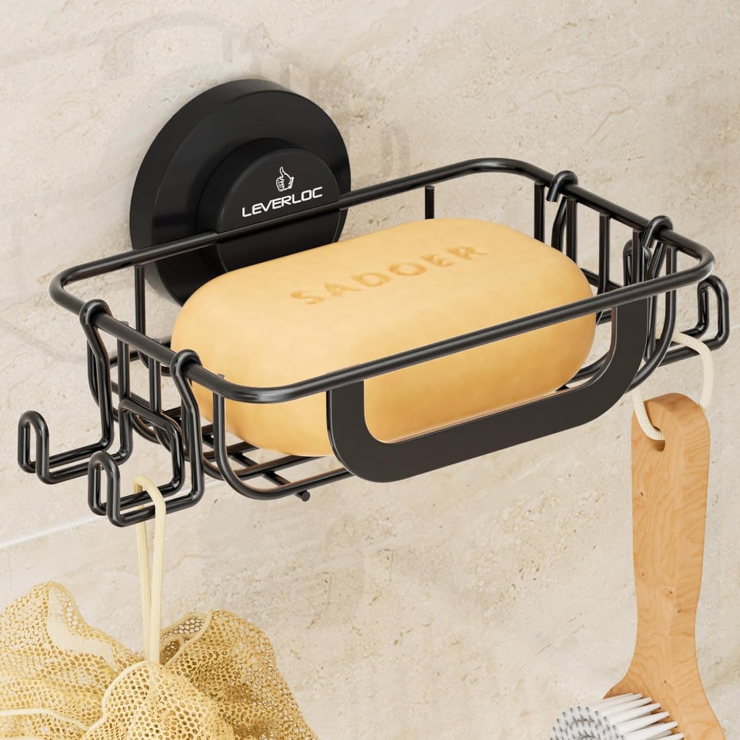 LEVERLOC Suction Cup Series Soap Holder with Hooks, Rustproof Stainless Steel Shower Soap Dish & Sponge Caddy