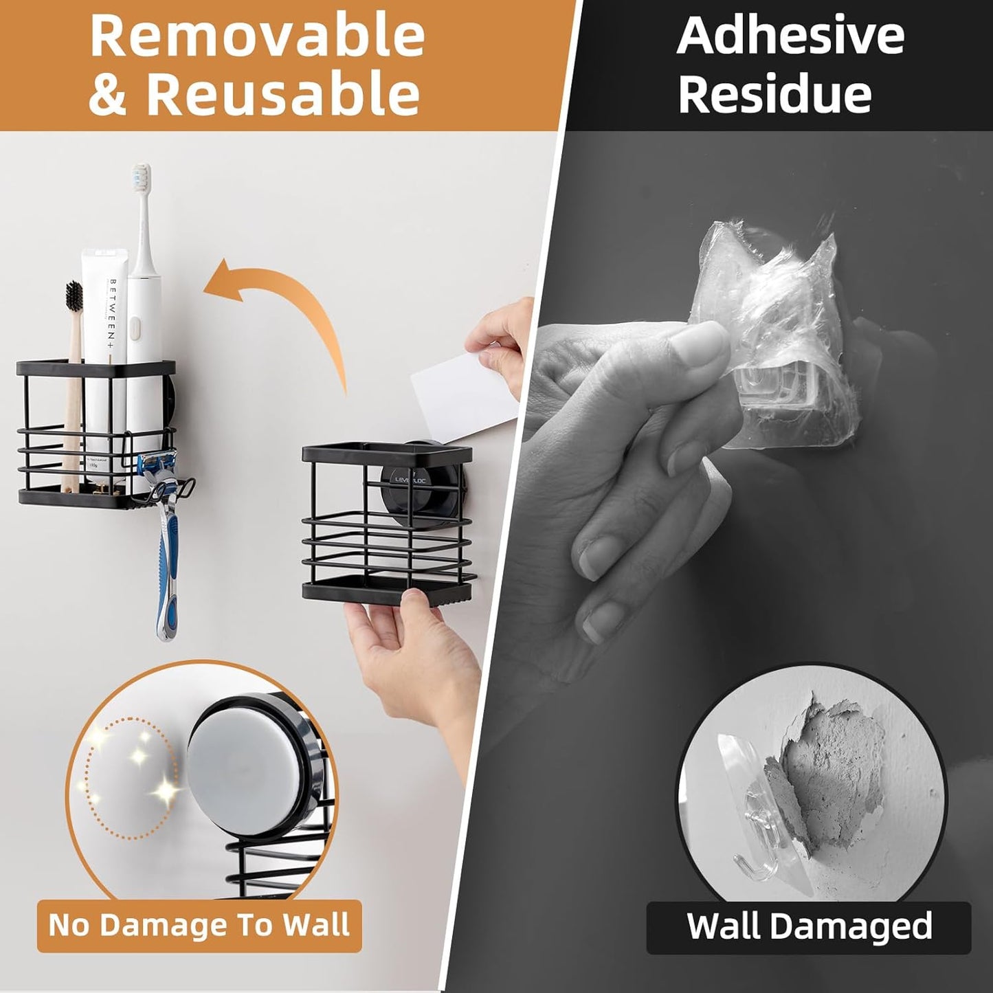 LEVERLOC Suction Cup Series Toothbrush Holder, Stainless Steel Anti-Puddling Shower Toothpaste & Razor Organizer, No Drilling