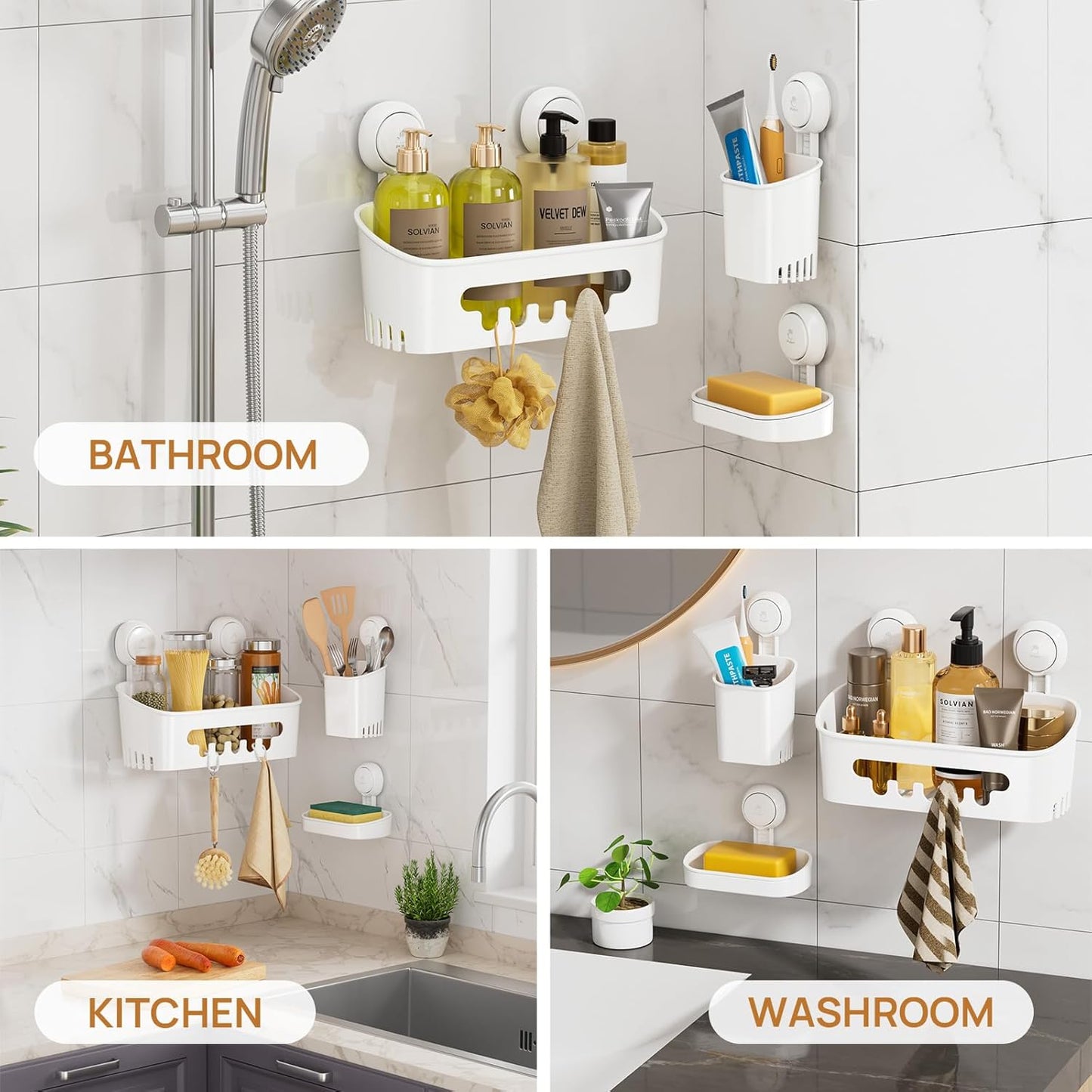 LEVERLOC Suction Cup Series 3-Piece Shower Caddy Set (Shower Organizer, Soap Holder & Toothbrush Holder) - No-Drilling Removable Waterproof Bathroom Shelf Basket