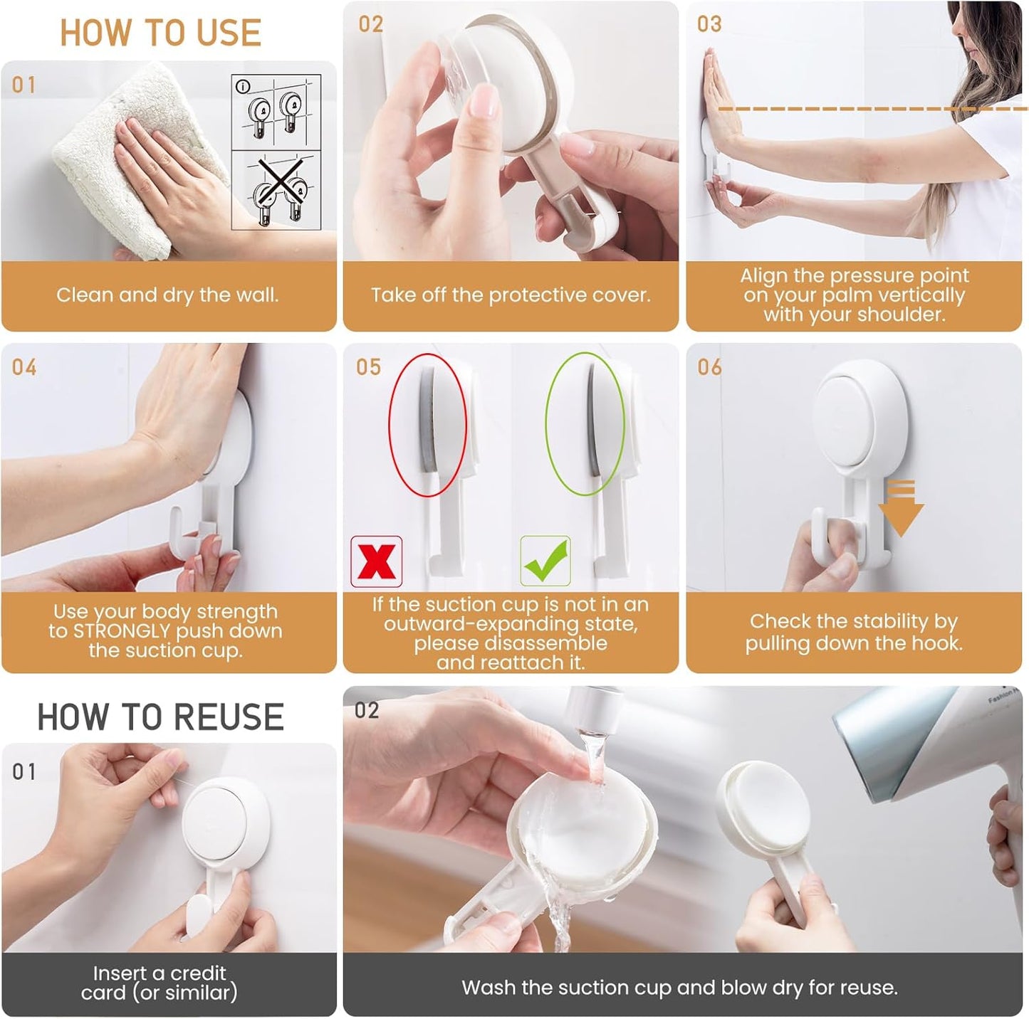 LEVERLOC Heavy-Duty Suction Cup Shower Hooks, 4-Pack:  White，No-Drill Vacuum-Mounted Hooks