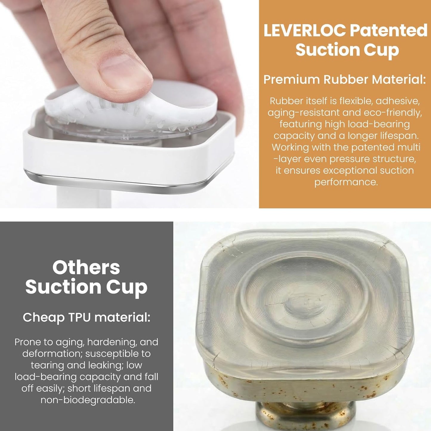 LEVERLOC Suction Cup Series Shower Hooks (4 Pack), Powerful Vacuum Towel & Loofah Holders, Damage Free