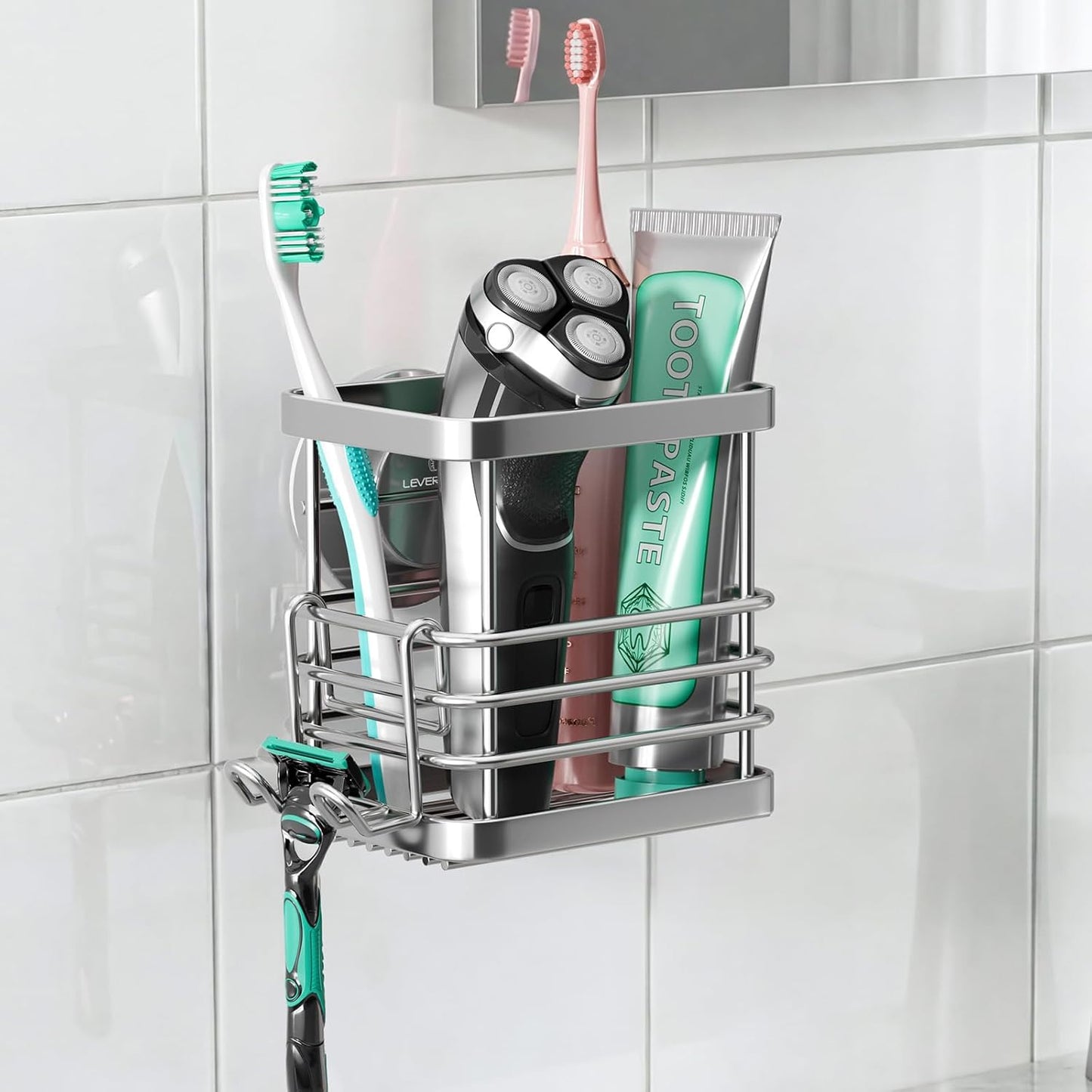 LEVERLOC Suction Cup Series Toothbrush Holder, Stainless Steel Anti-Puddling Shower Toothpaste & Razor Organizer, No Drilling