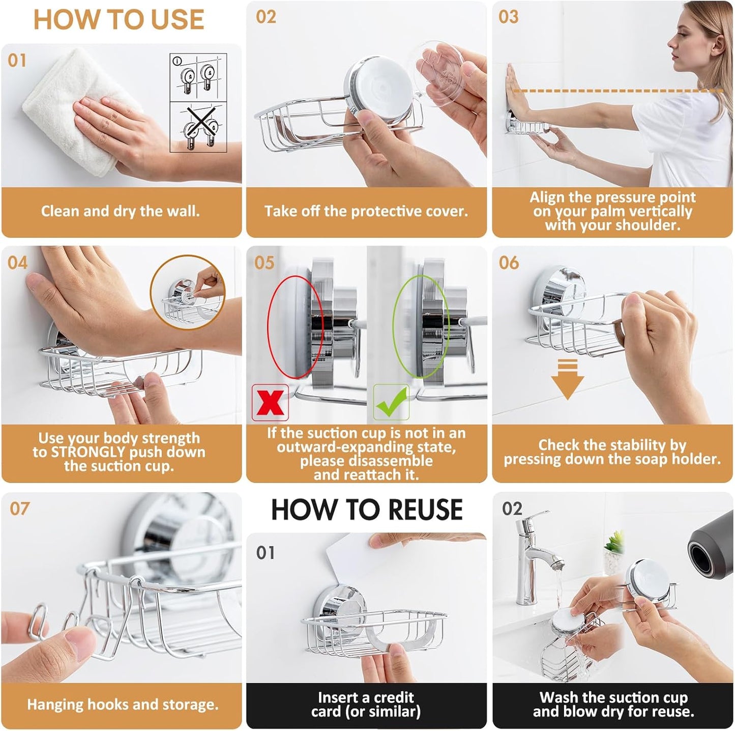 LEVERLOC Suction Cup Series Soap Holder with Hooks, Rustproof Stainless Steel Shower Soap Dish & Sponge Caddy