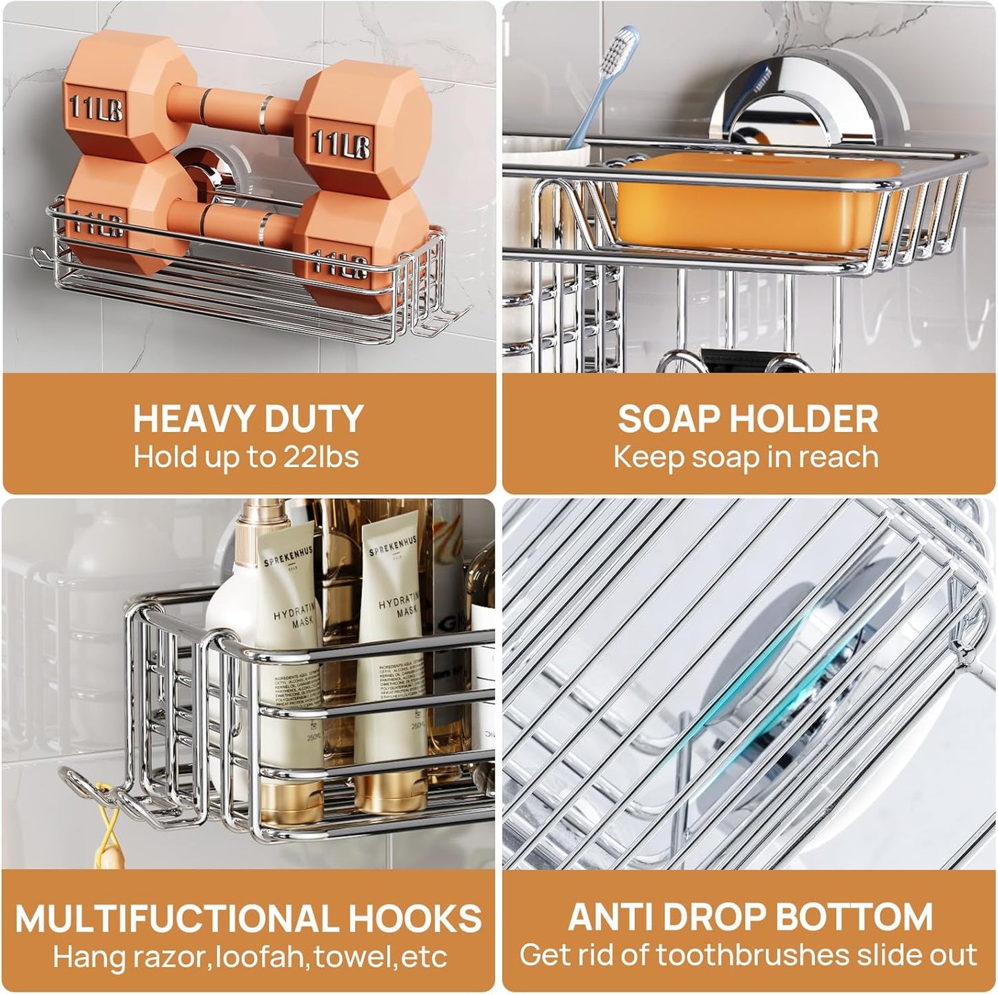 LEVERLOC Vacuum Suction Series 3-Pack Shower Caddy, Rustproof Bathroom Organizer Storage with Soap Holder & Hooks