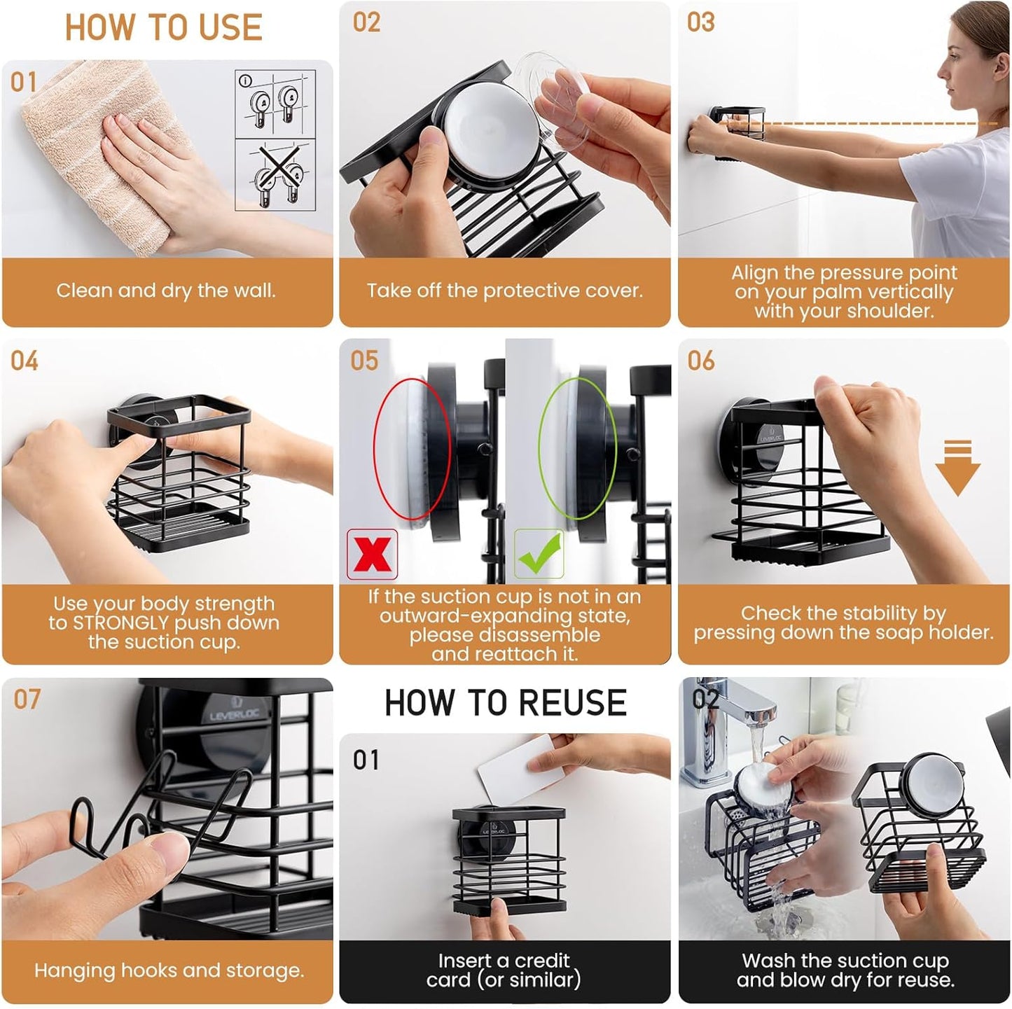 LEVERLOC Suction Cup Series Toothbrush Holder, Stainless Steel Anti-Puddling Shower Toothpaste & Razor Organizer, No Drilling