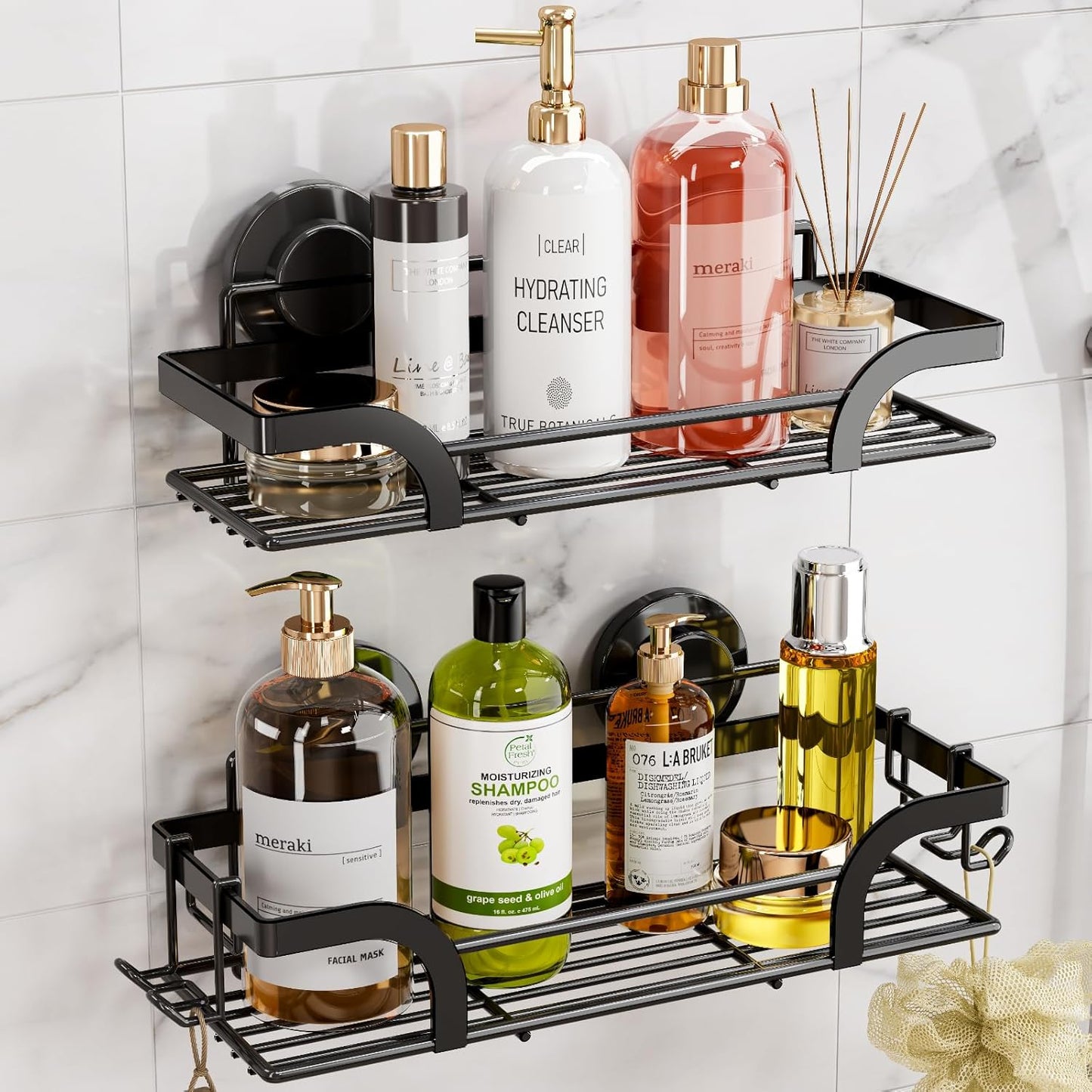 LEVERLOC Vacuum Suction Series 2-Pack Shower Shelf, Heavy Duty Bathroom Organizer & Storage Basket, Rustproof