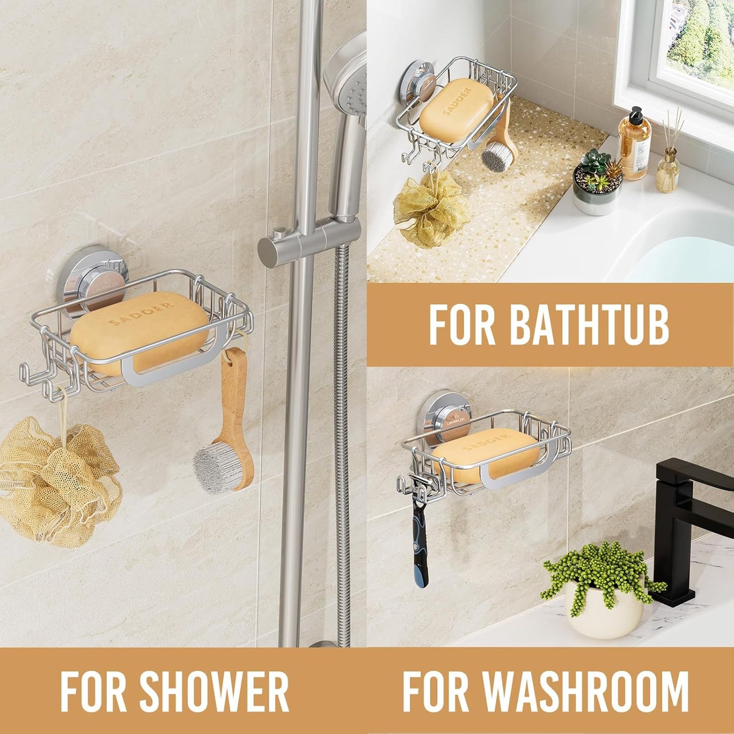 LEVERLOC Suction Cup Series Soap Holder with Hooks, Rustproof Stainless Steel Shower Soap Dish & Sponge Caddy