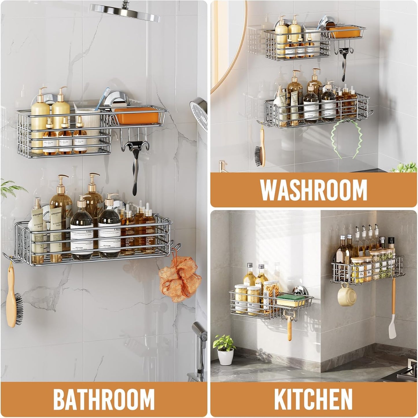 LEVERLOC Vacuum Suction Series 2-Pack Shower Caddy, Rustproof Bathroom Organizer Storage with Soap Holder & Hooks