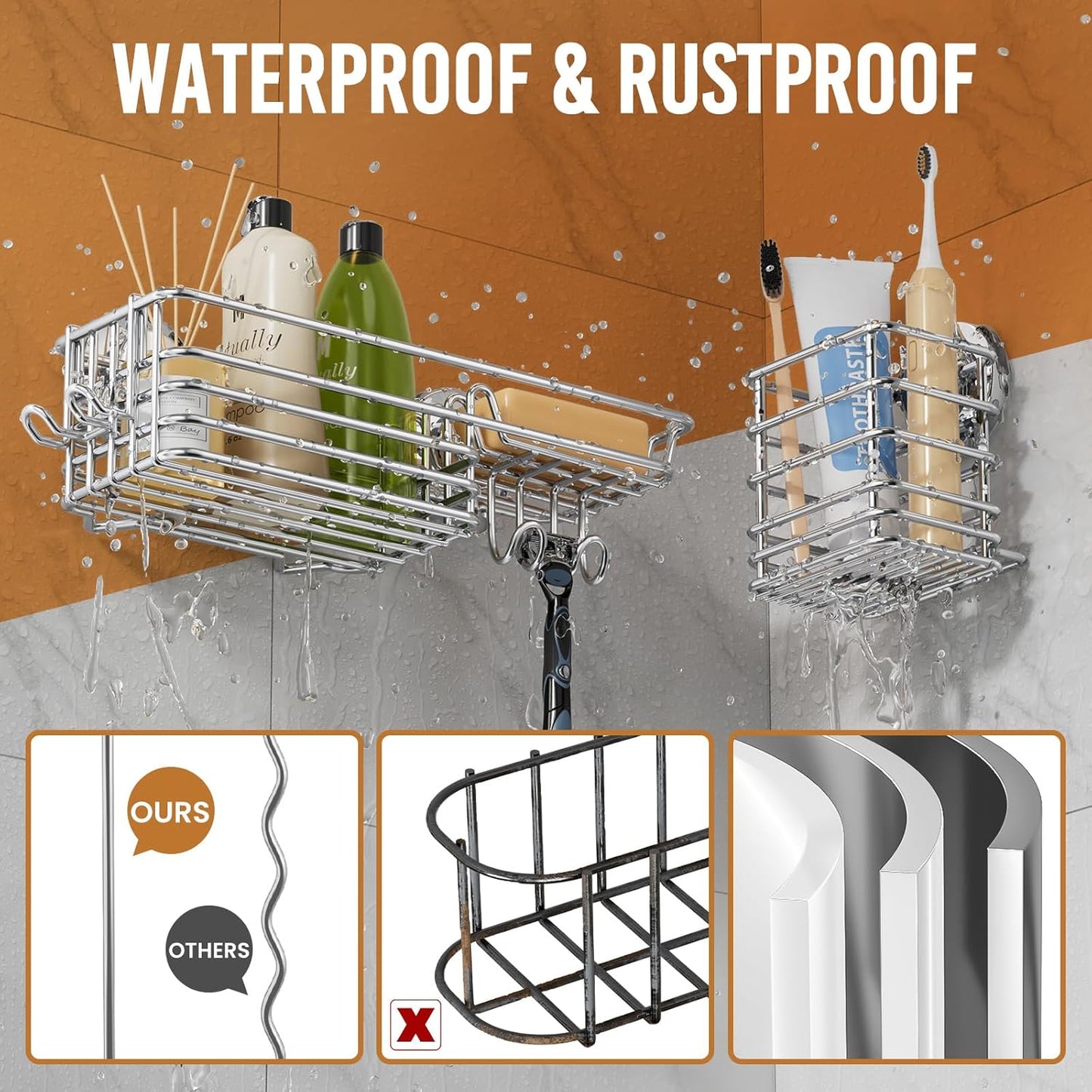 LEVERLOC Vacuum Suction Series 3-Pack Shower Caddy, Rustproof Bathroom Organizer Storage with Soap Holder & Hooks