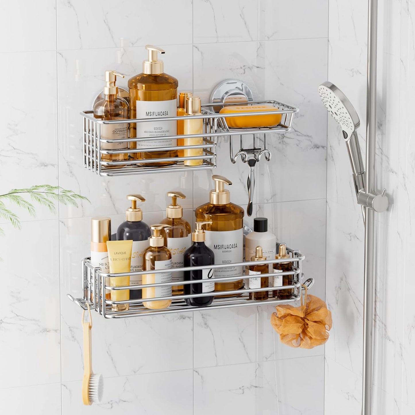 LEVERLOC Vacuum Suction Series 2-Pack Shower Caddy, Rustproof Bathroom Organizer Storage with Soap Holder & Hooks