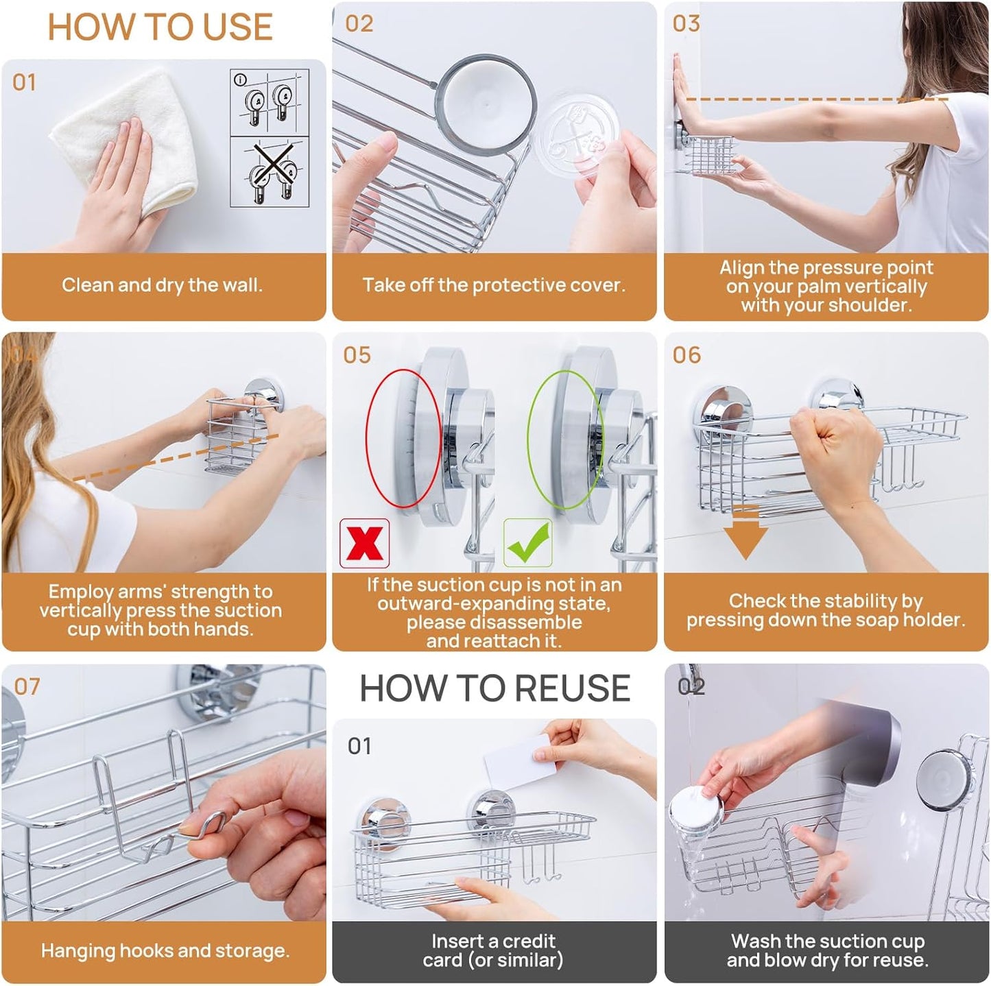 LEVERLOC Vacuum Suction Series 3-Pack Shower Caddy, Rustproof Bathroom Organizer Storage with Soap Holder & Hooks